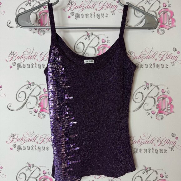 Tank top embroidered sparkly glitter y2k shiny shimmer Purple Sequin Women's Top - Picture 1 of 5